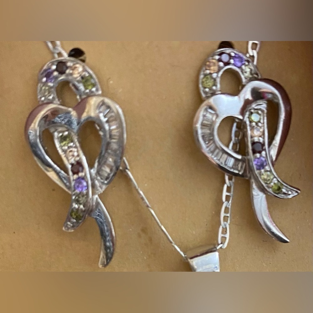 925 Italy Colored & Clear CZ Loop Open Heart Mariner Necklace & Earring Set Firm - Picture 7 of 15